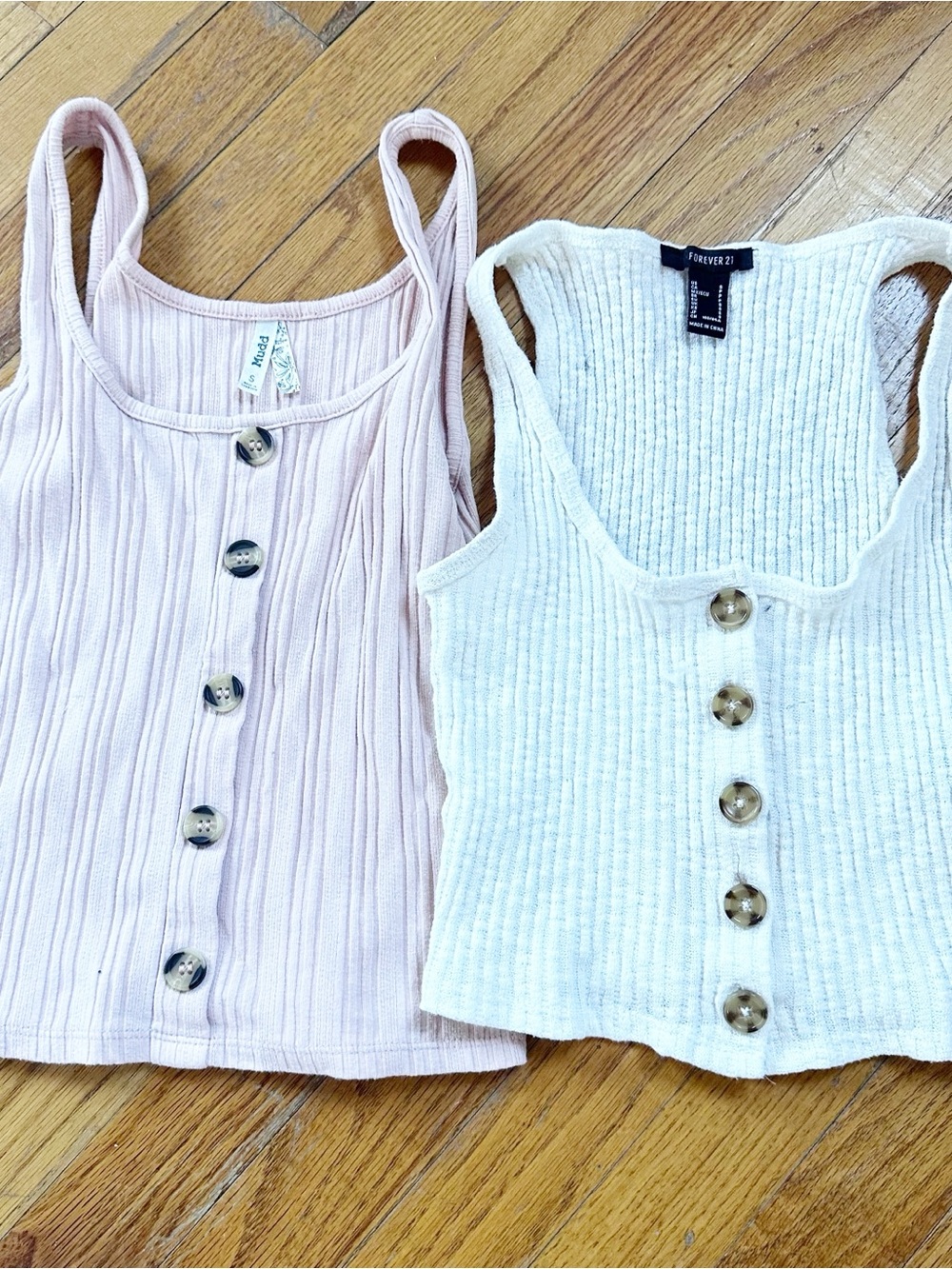 Two Woven Ribbed Button-Front Tanks